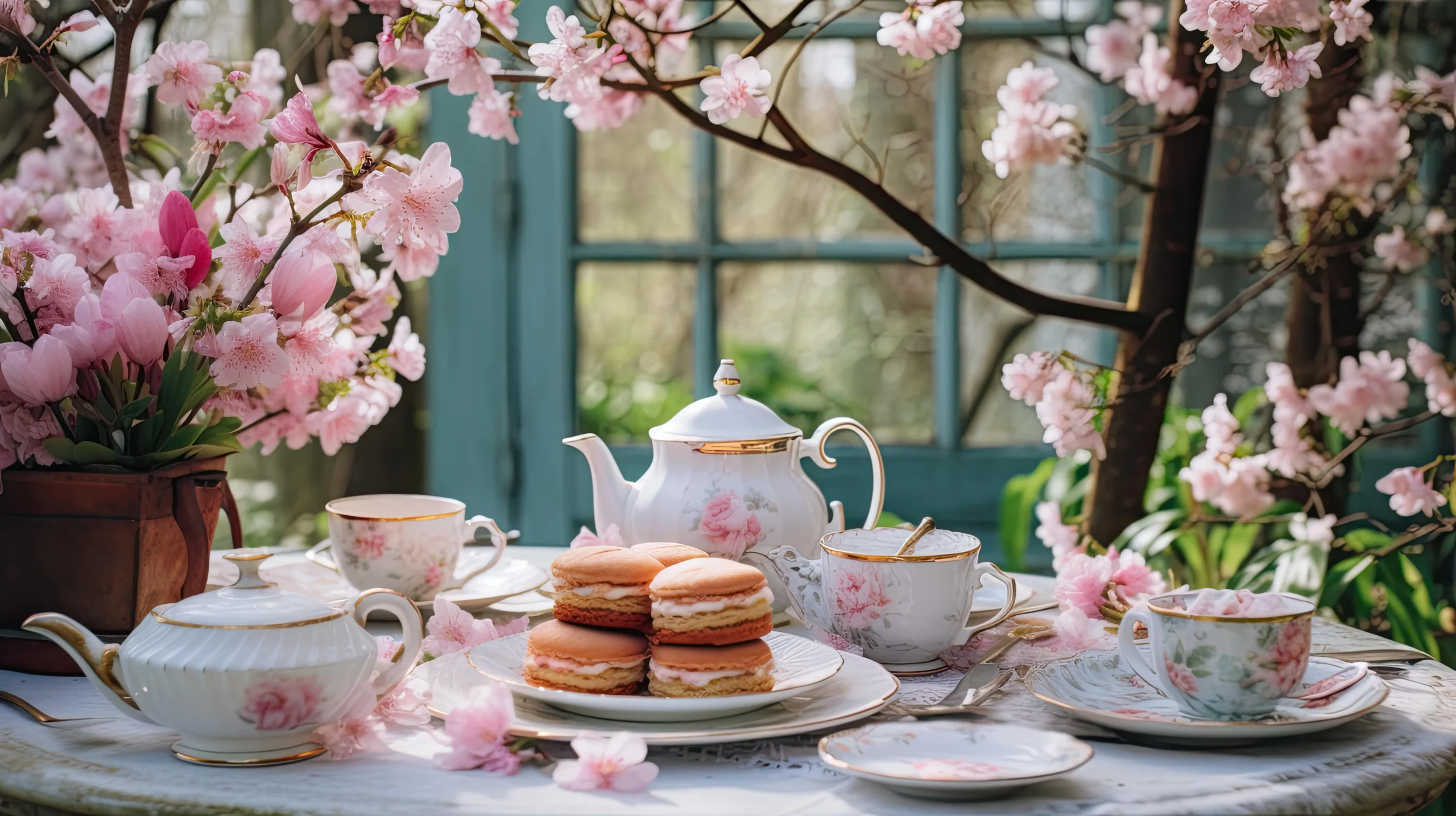 On a sunny day, a birthday party florist sets up an exquisite tea set on a table adorned with blooming pink flowers, showcasing a teapot, cups, and macarons in elegance.