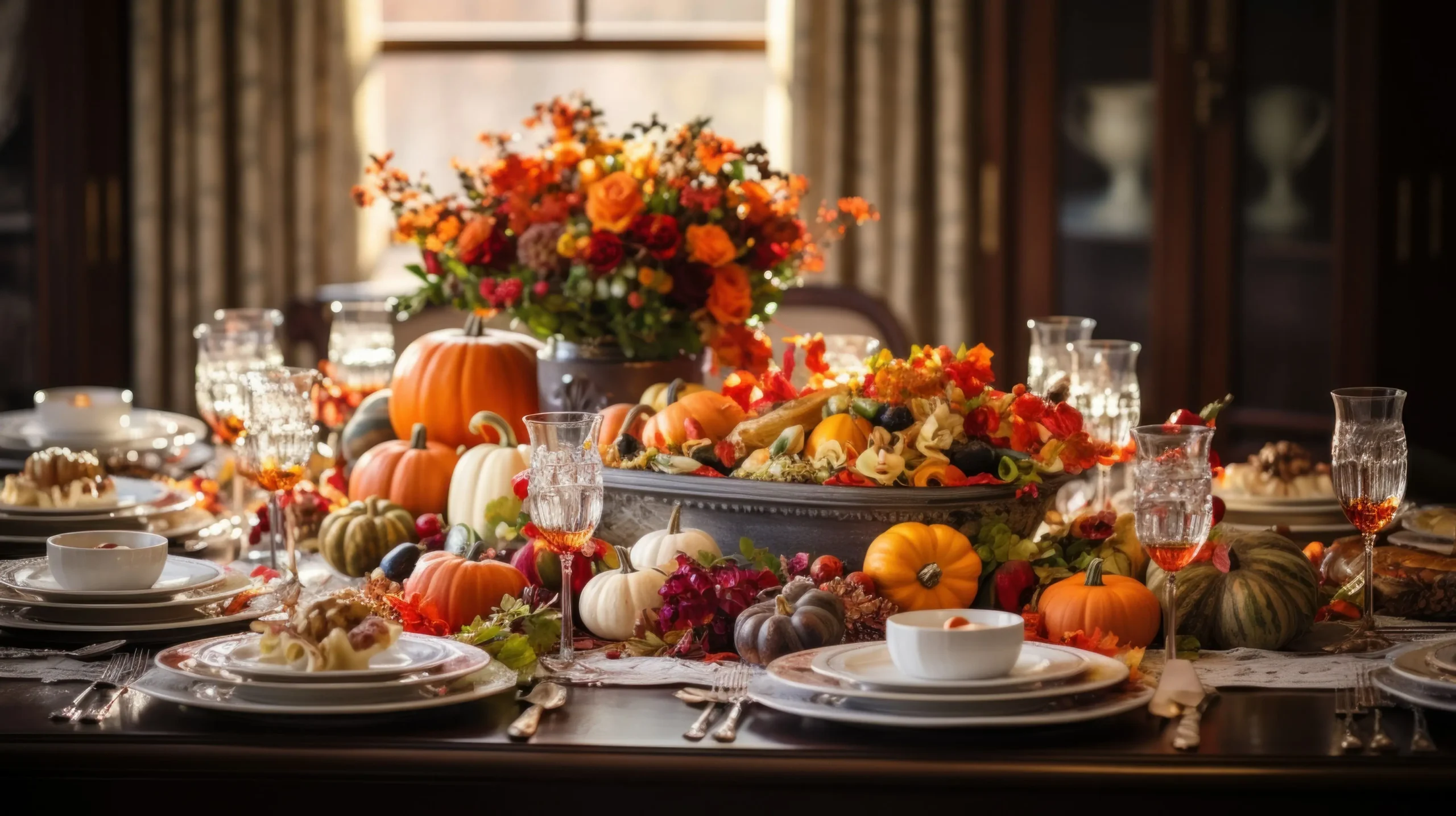 Event florist in Sacramento, CA crafts Thanksgiving tablescapes featuring pumpkins, autumn accents, and vibrant blooms for a cozy and celebratory atmosphere.